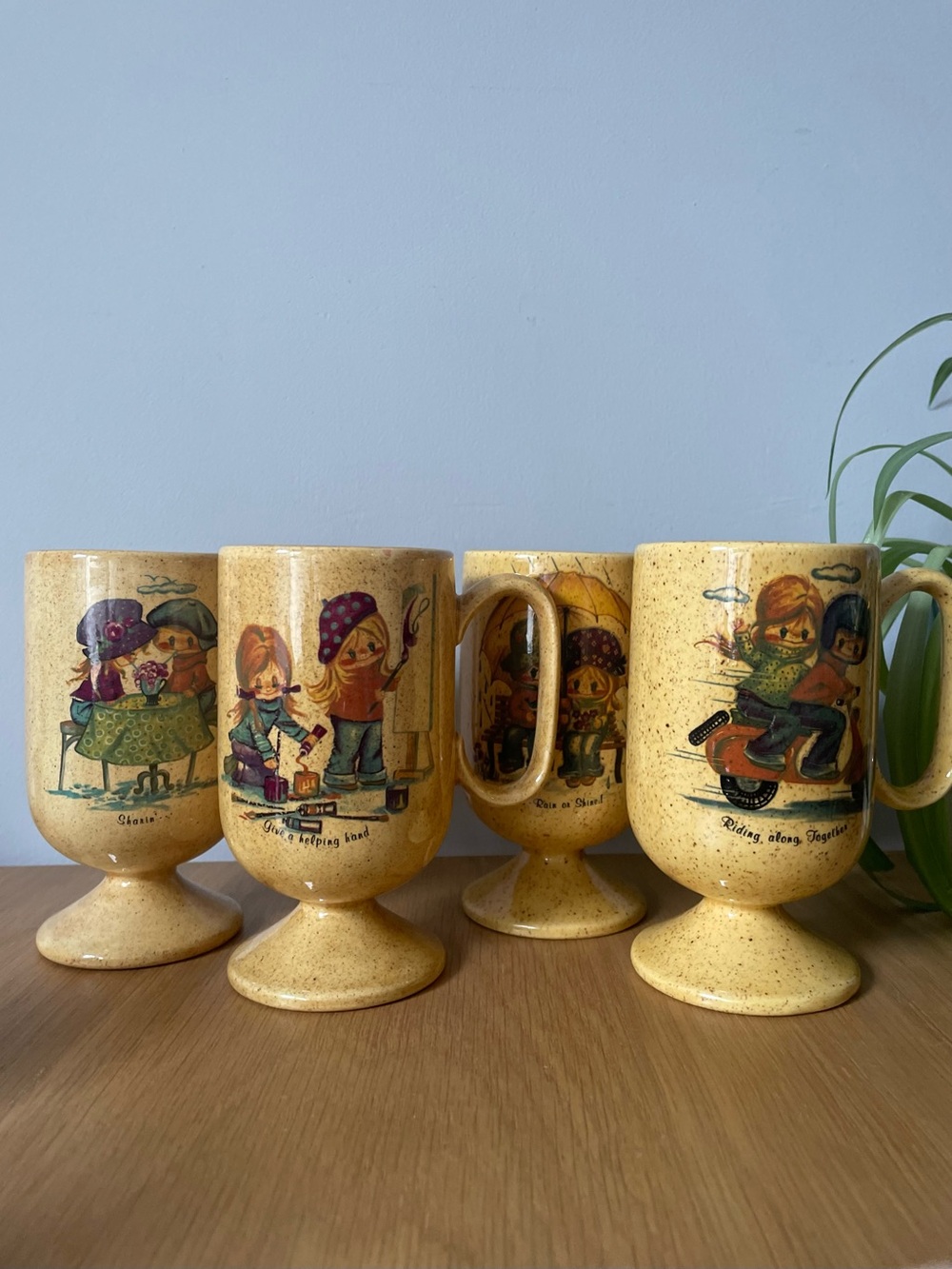 Vintage MCM Pedestal Mugs with Whimsical Illustrations Set of 4 1960s 1970s